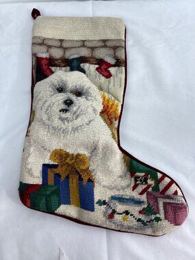 VTG Needlepoint Wool Bichon Frise Dog Christmas Stocking Velvet Back
